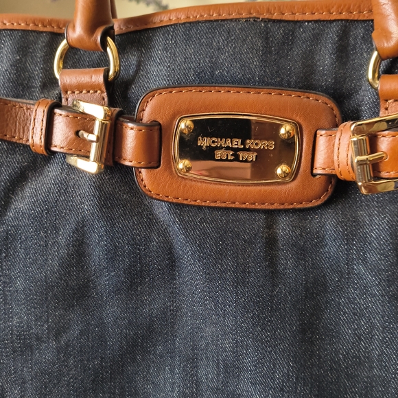 Michael Kors Denim and Brown Leather Hamilton Shoulder Bag With Gold Hardware - Picture 6 of 13